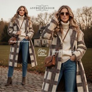 Anthropologie NVLT cream & taupe plaid Berber Coat with World Map Lining